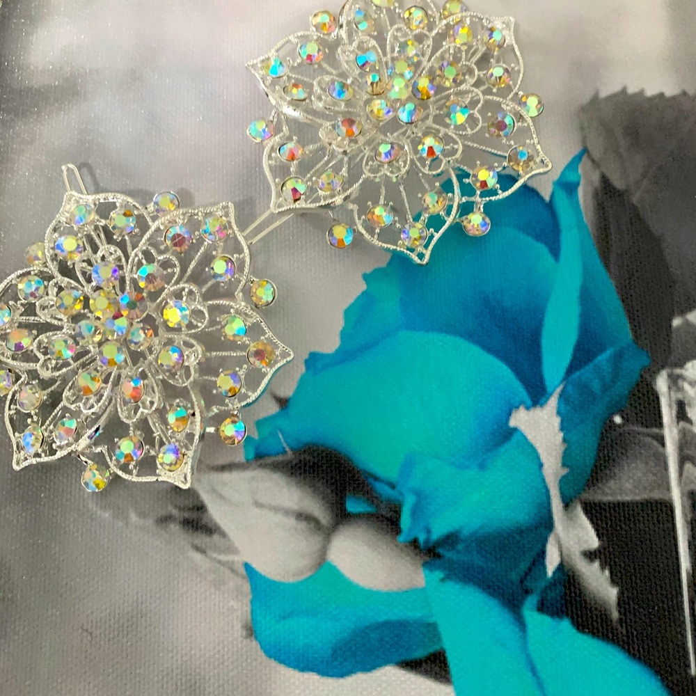 Silver and iridescent crystals barrette set